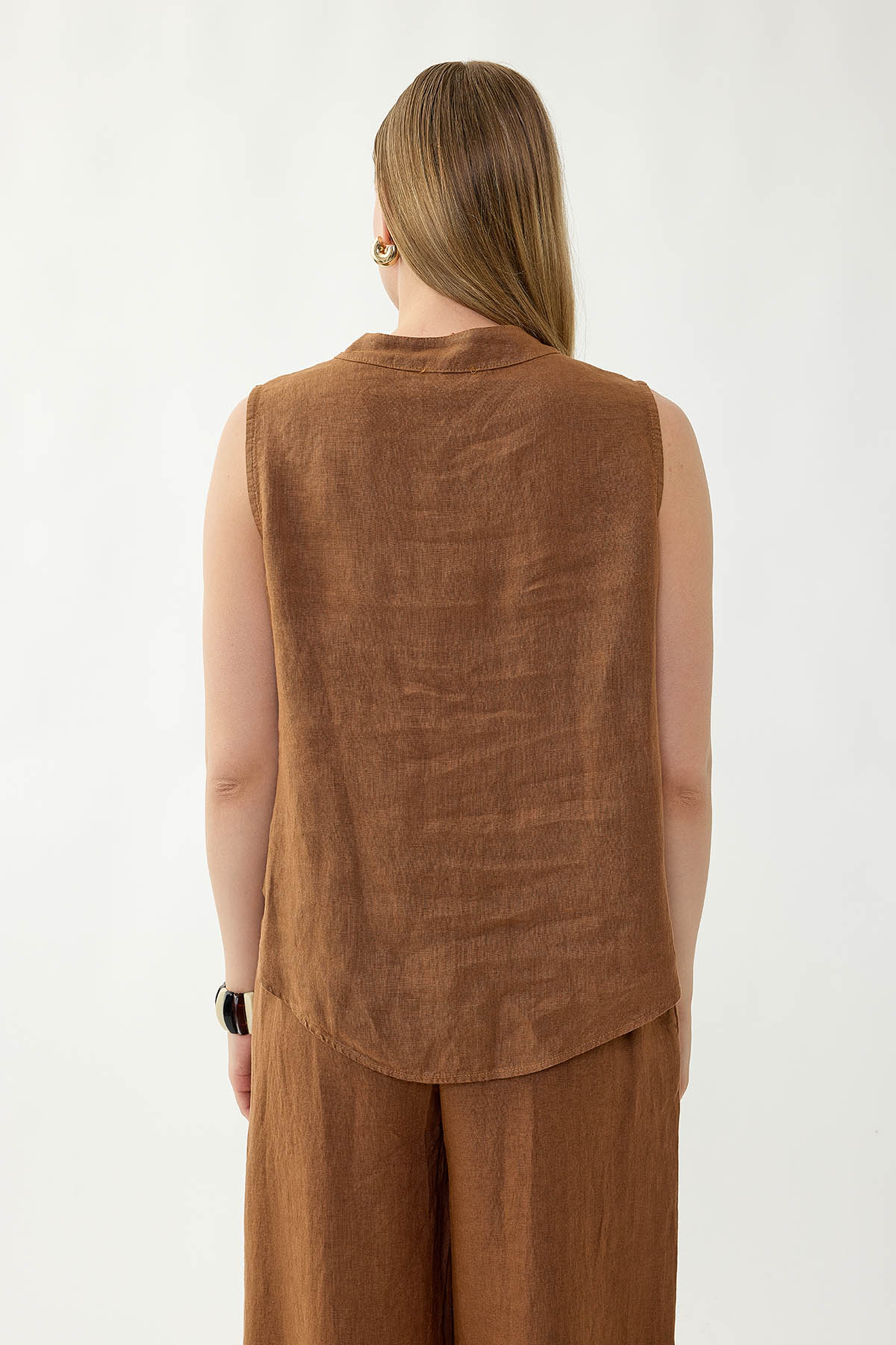 %100 Keten Sedef Düğme Önü Büzgülü Bluz - Thumbnail