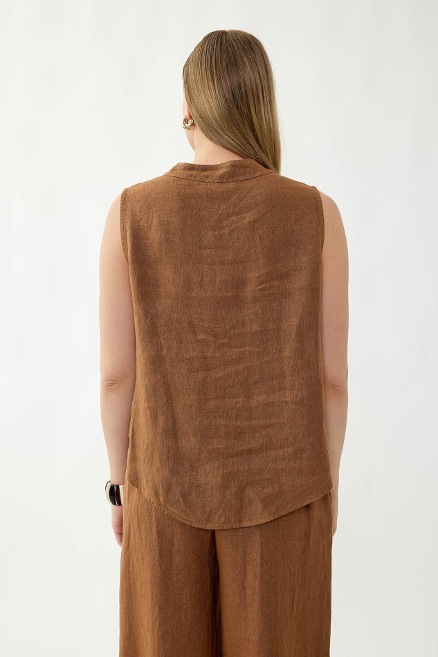 %100 Keten Sedef Düğme Önü Büzgülü Bluz - 10