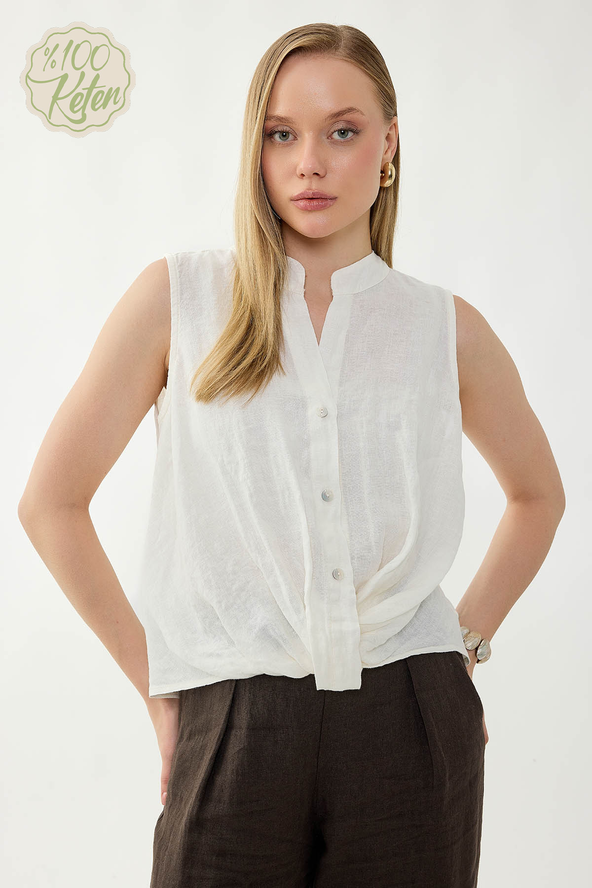 %100 Keten Sedef Düğme Önü Büzgülü Bluz - Thumbnail