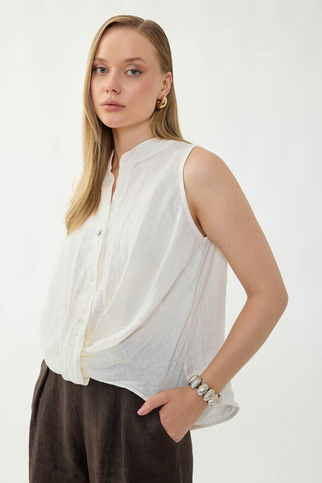 %100 Keten Sedef Düğme Önü Büzgülü Bluz - 19