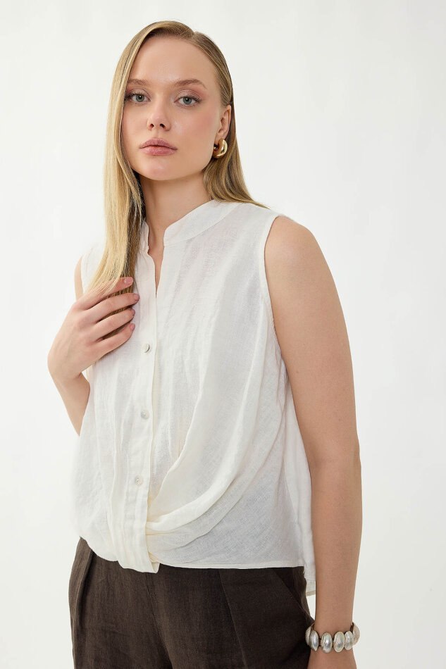 %100 Keten Sedef Düğme Önü Büzgülü Bluz - 20