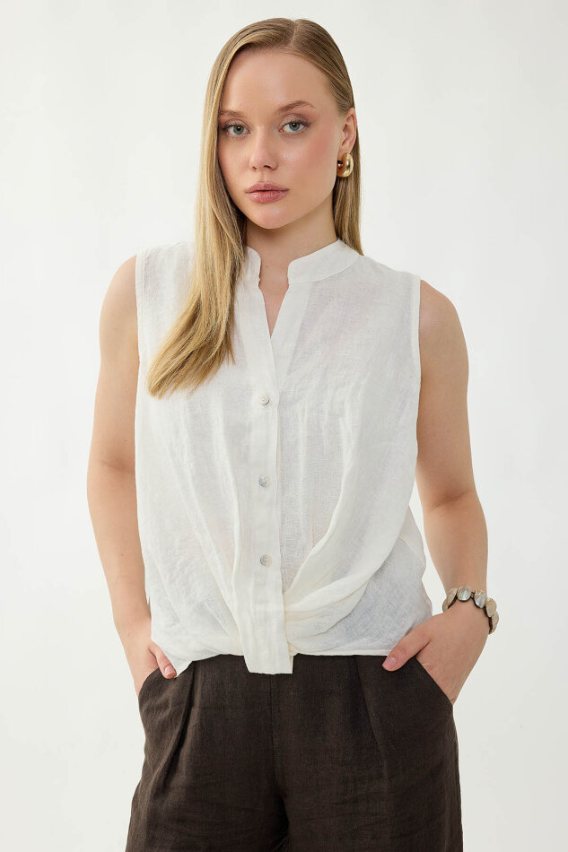 %100 Keten Sedef Düğme Önü Büzgülü Bluz - 22