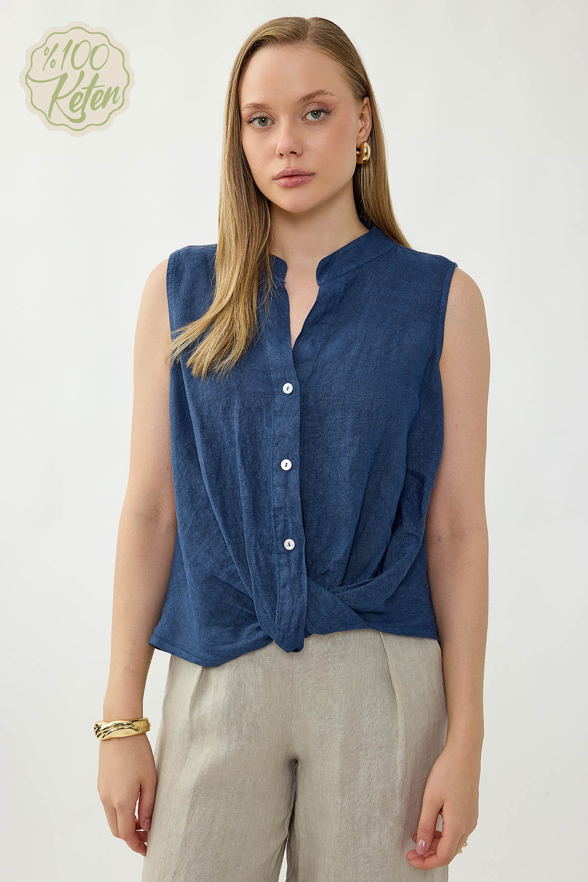 %100 Keten Sedef Düğme Önü Büzgülü Bluz - Thumbnail