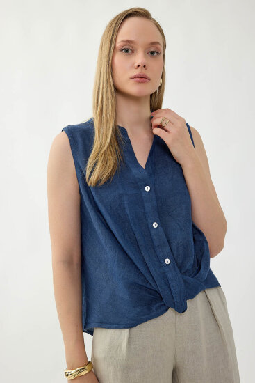 %100 Keten Sedef Düğme Önü Büzgülü Bluz - 26