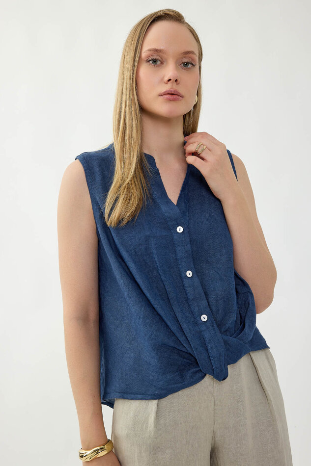 %100 Keten Sedef Düğme Önü Büzgülü Bluz - 26