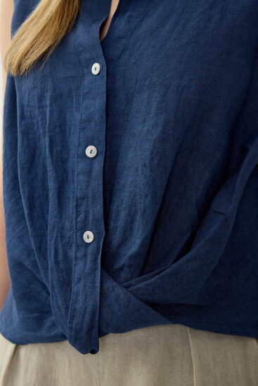 %100 Keten Sedef Düğme Önü Büzgülü Bluz - 27