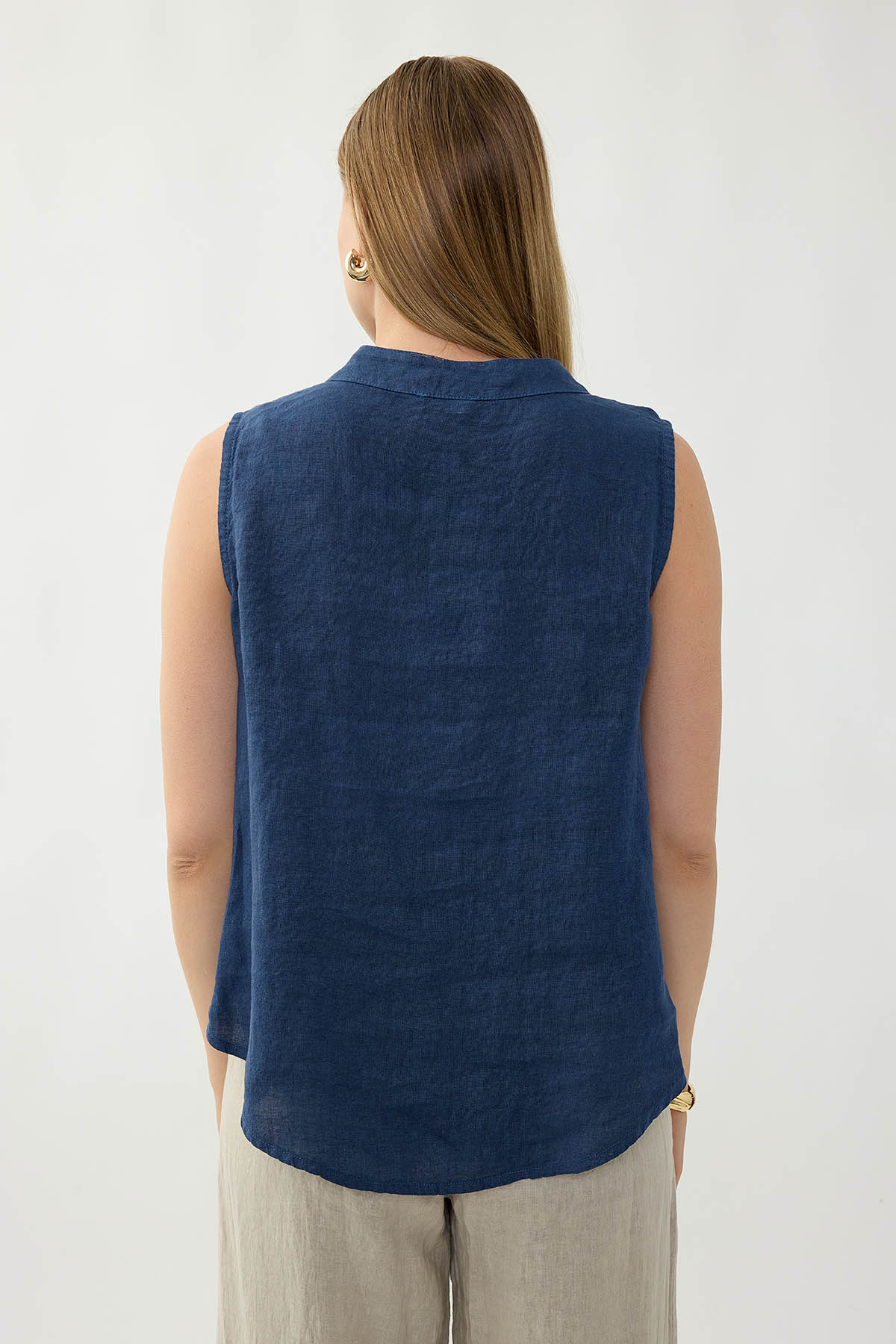 %100 Keten Sedef Düğme Önü Büzgülü Bluz - Thumbnail