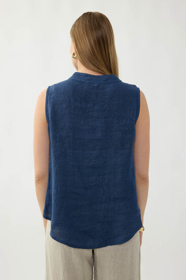 %100 Keten Sedef Düğme Önü Büzgülü Bluz - 28