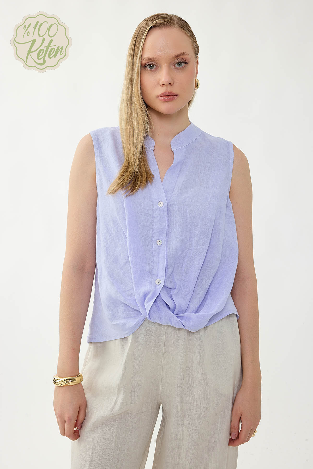 %100 Keten Sedef Düğme Önü Büzgülü Bluz - Thumbnail