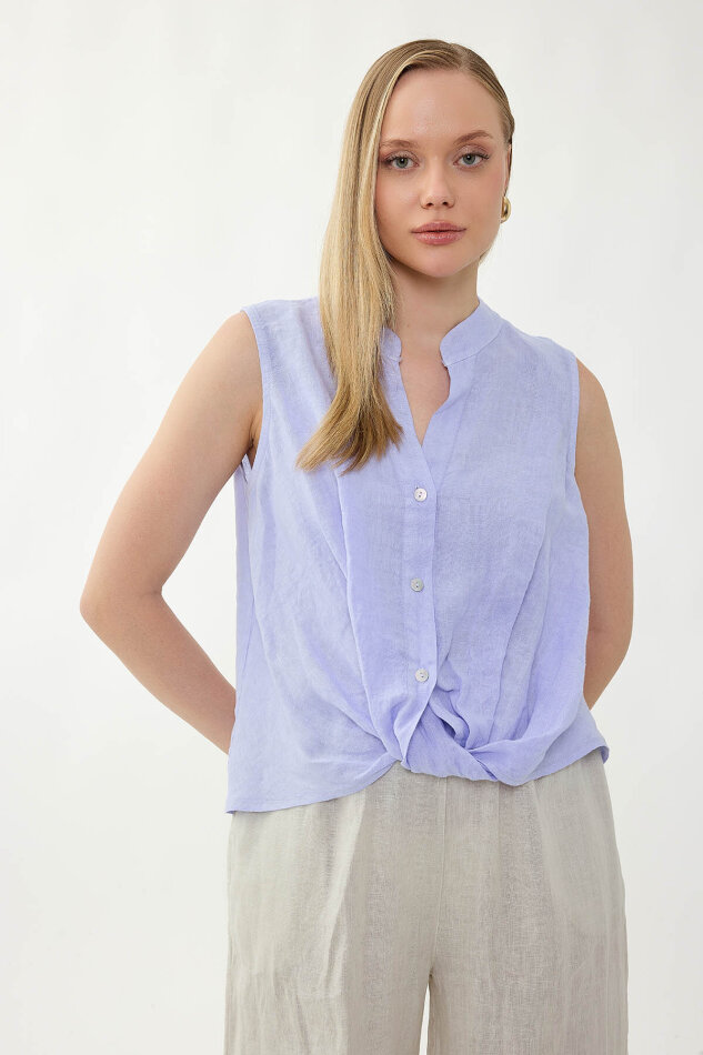 %100 Keten Sedef Düğme Önü Büzgülü Bluz - 30