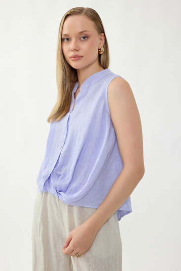 %100 Keten Sedef Düğme Önü Büzgülü Bluz - 31