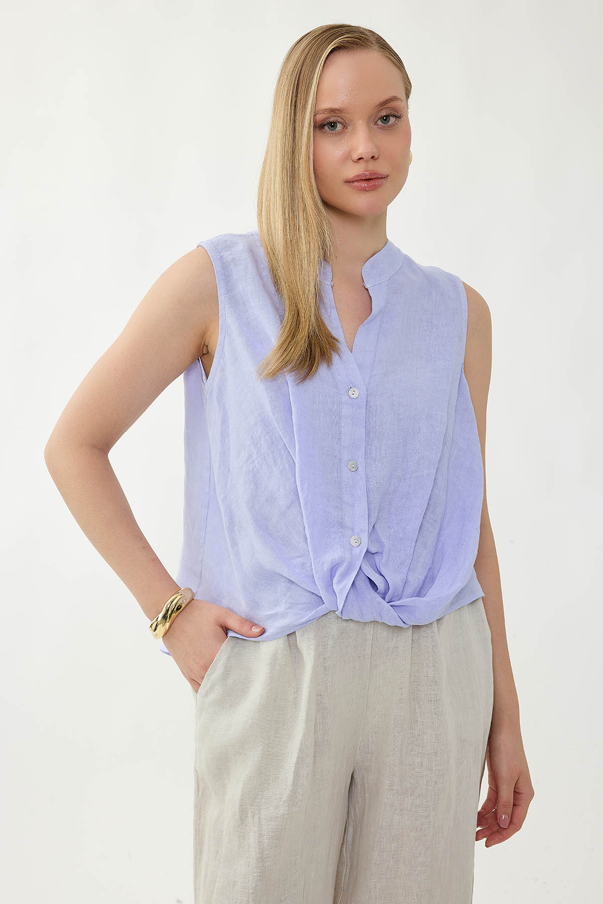 %100 Keten Sedef Düğme Önü Büzgülü Bluz - Thumbnail