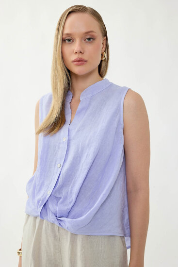 %100 Keten Sedef Düğme Önü Büzgülü Bluz - 34