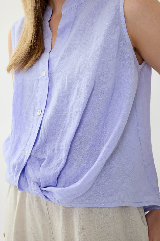 %100 Keten Sedef Düğme Önü Büzgülü Bluz - 35