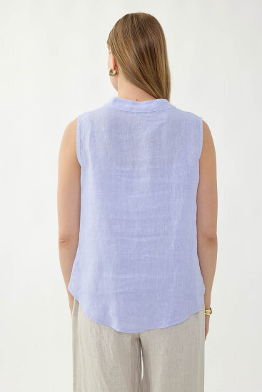 %100 Keten Sedef Düğme Önü Büzgülü Bluz - 32