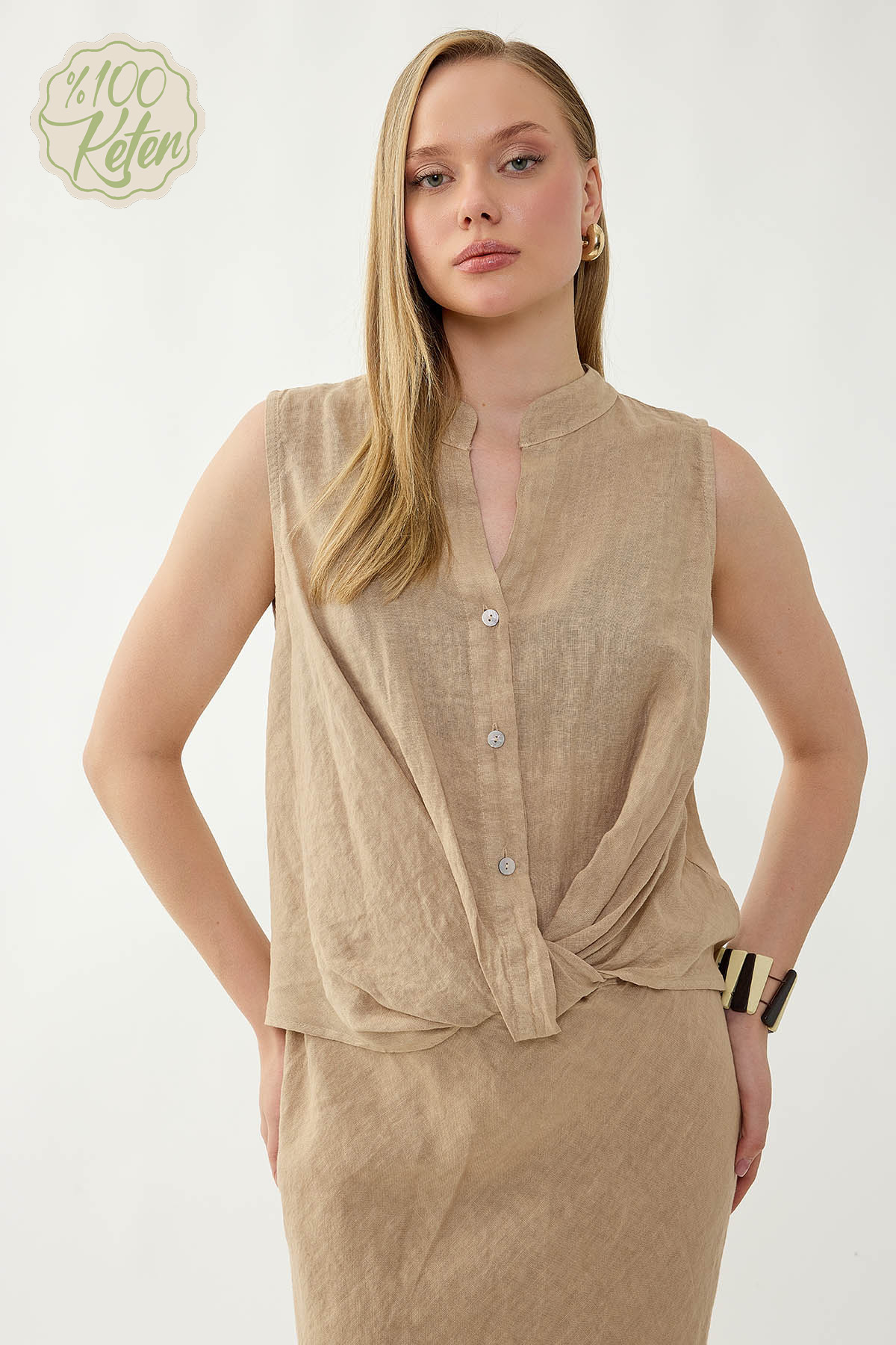 %100 Keten Sedef Düğme Önü Büzgülü Bluz - Thumbnail