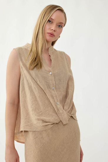 %100 Keten Sedef Düğme Önü Büzgülü Bluz - 41