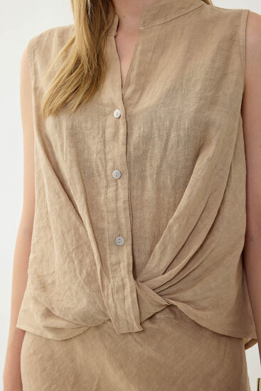 %100 Keten Sedef Düğme Önü Büzgülü Bluz - 42