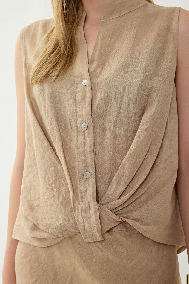 %100 Keten Sedef Düğme Önü Büzgülü Bluz - 42