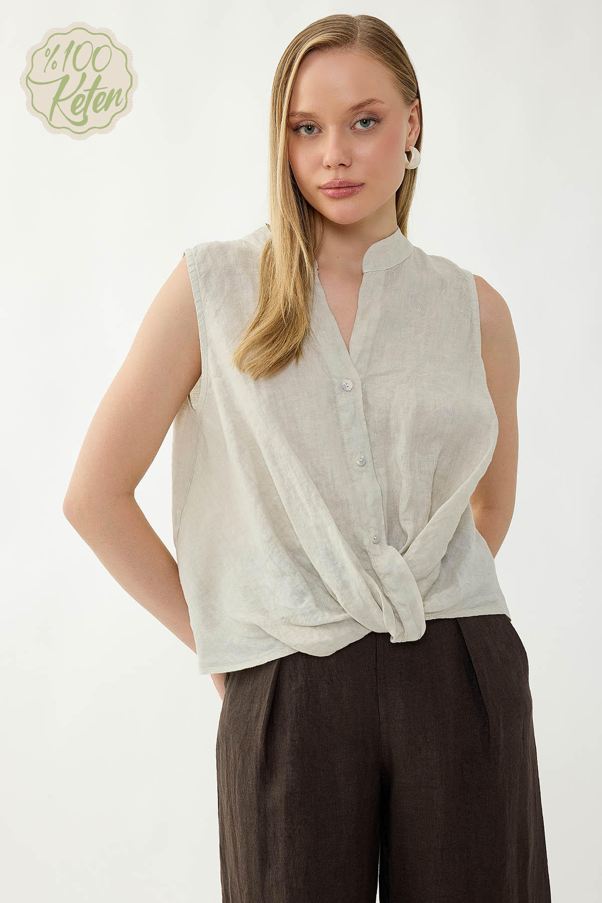 %100 Keten Sedef Düğme Önü Büzgülü Bluz - Thumbnail