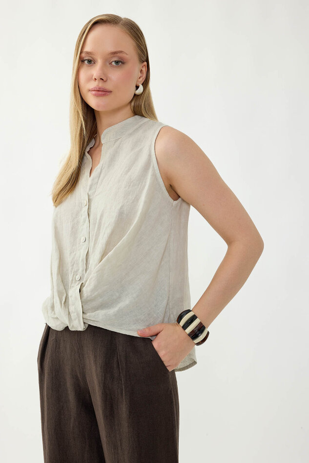 %100 Keten Sedef Düğme Önü Büzgülü Bluz - 45