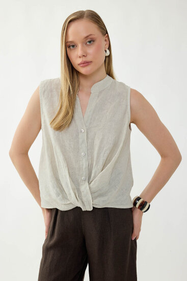 %100 Keten Sedef Düğme Önü Büzgülü Bluz - 48