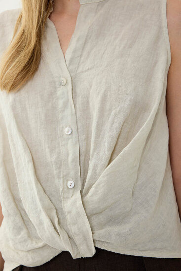 %100 Keten Sedef Düğme Önü Büzgülü Bluz - 47