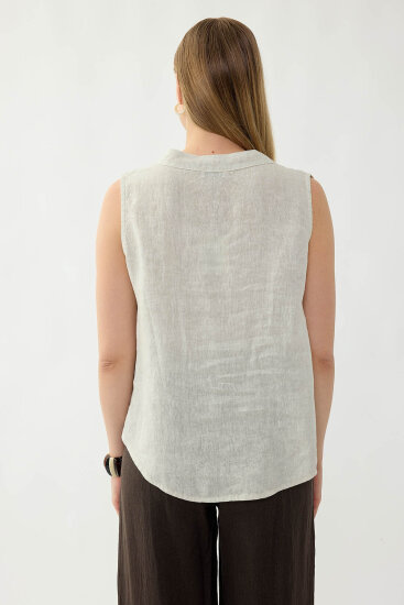 %100 Keten Sedef Düğme Önü Büzgülü Bluz - 46