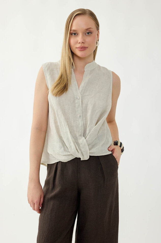 %100 Keten Sedef Düğme Önü Büzgülü Bluz - 50