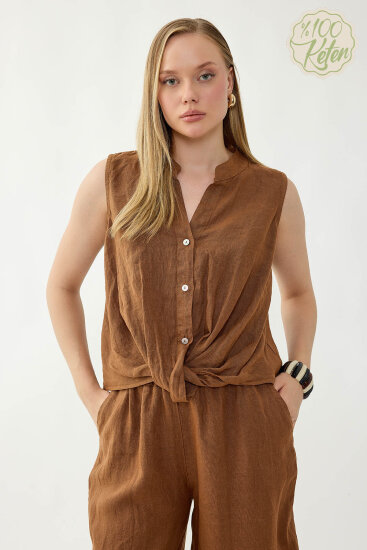 %100 Keten Sedef Düğme Önü Büzgülü Bluz - 3