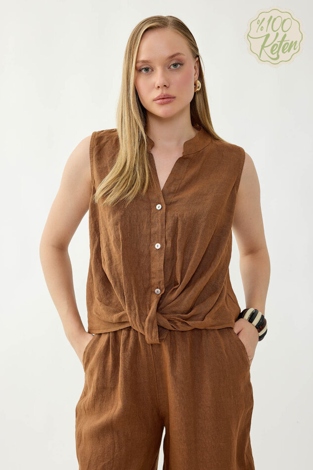 %100 Keten Sedef Düğme Önü Büzgülü Bluz - 3