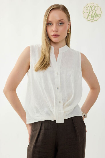 %100 Keten Sedef Düğme Önü Büzgülü Bluz - 18