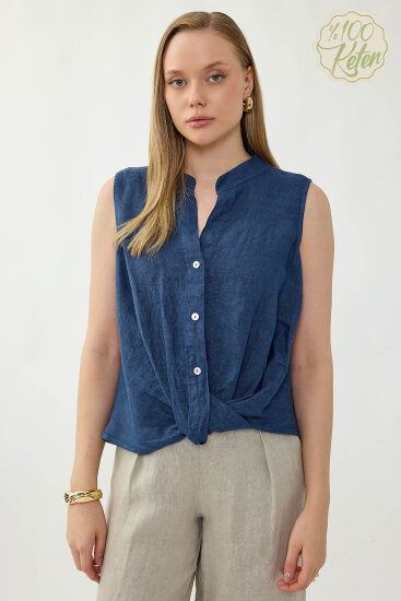 %100 Keten Sedef Düğme Önü Büzgülü Bluz - 24