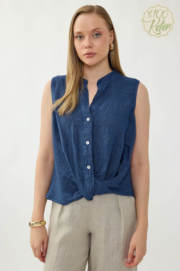 %100 Keten Sedef Düğme Önü Büzgülü Bluz - 24