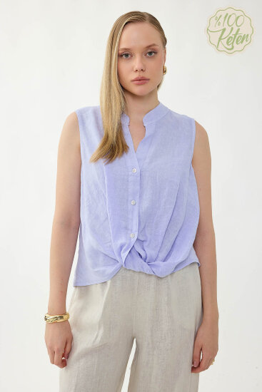 %100 Keten Sedef Düğme Önü Büzgülü Bluz - 29