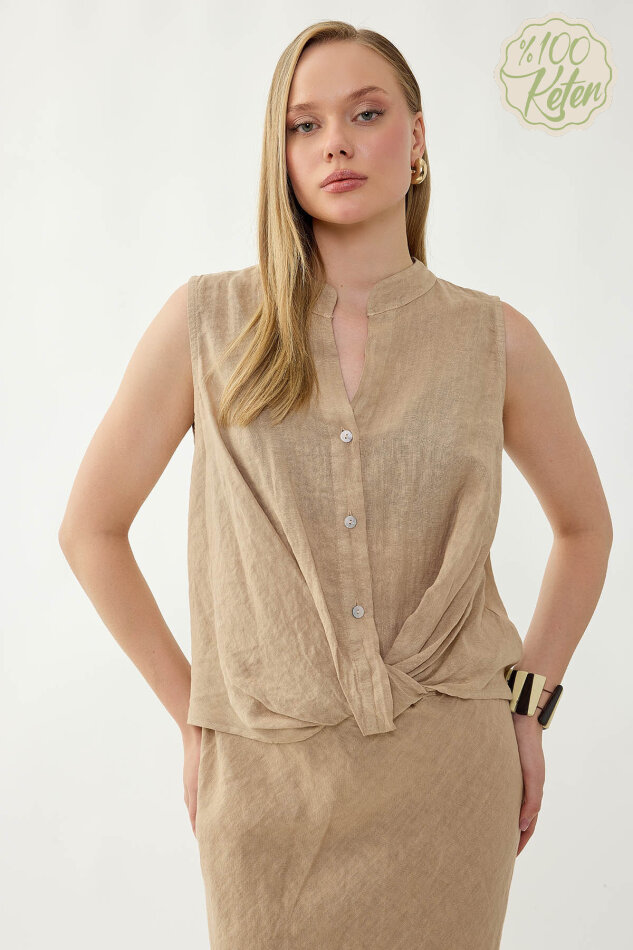 %100 Keten Sedef Düğme Önü Büzgülü Bluz - 36