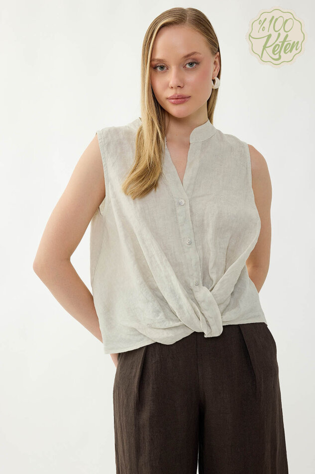 %100 Keten Sedef Düğme Önü Büzgülü Bluz - 43