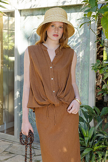 %100 Keten Sedef Düğme Önü Büzgülü Bluz (1)