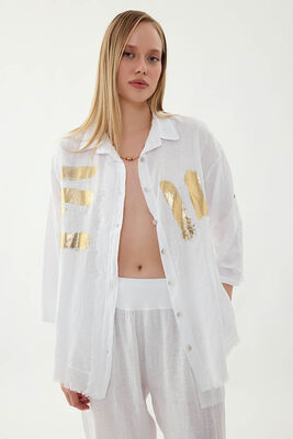 Sedef Düğmeli Baskılı Oversize Keten Gömlek (1)