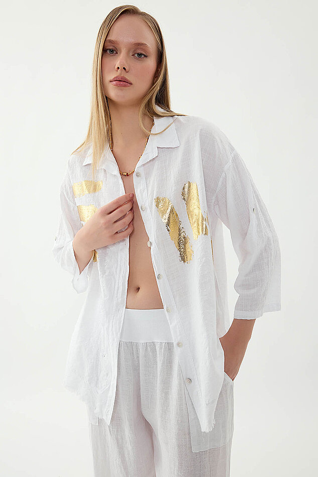 Sedef Düğmeli Baskılı Oversize Keten Gömlek - 3