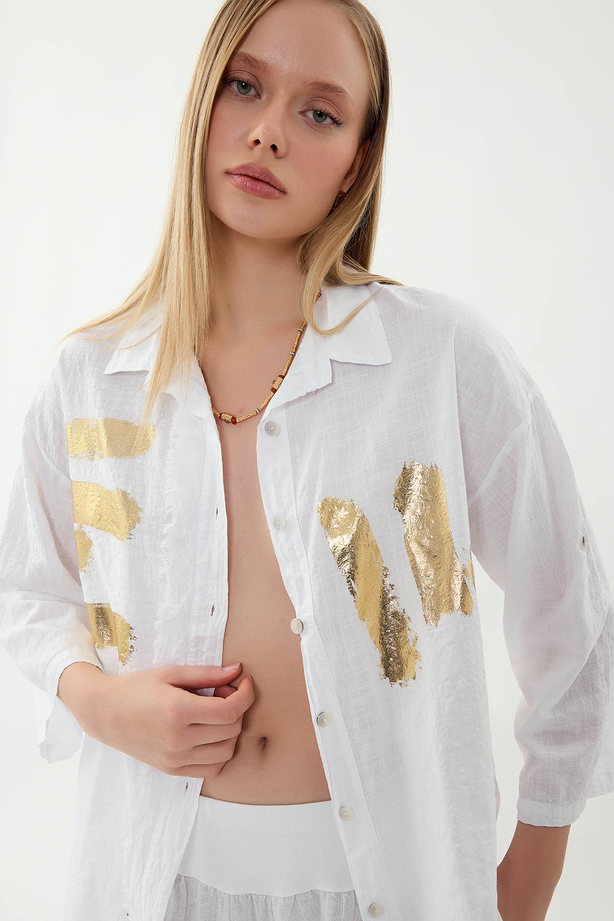 Sedef Düğmeli Baskılı Oversize Keten Gömlek - Thumbnail