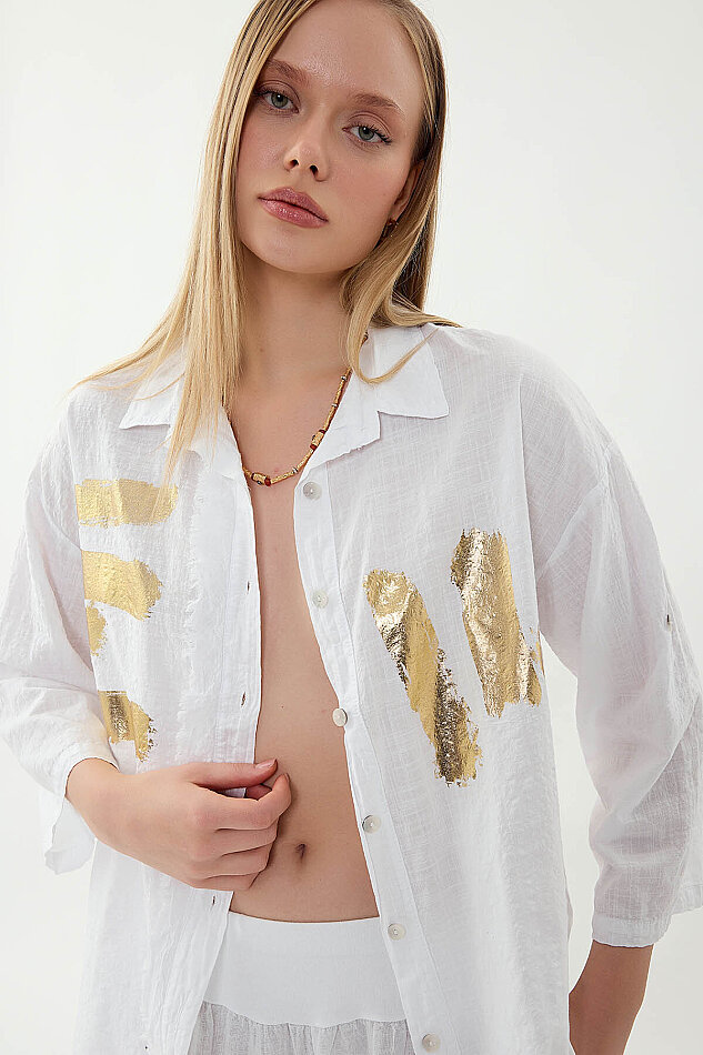 Sedef Düğmeli Baskılı Oversize Keten Gömlek - 4