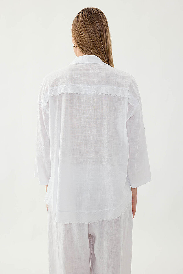 Sedef Düğmeli Baskılı Oversize Keten Gömlek - 5