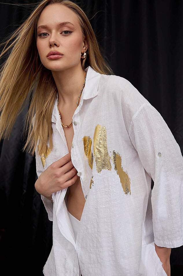 Sedef Düğmeli Baskılı Oversize Keten Gömlek - 6