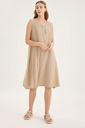 Sedef Düğmeli Sıfır Kol Keten Elbise - 2