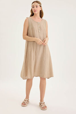 VİTRİN - Sedef Düğmeli Sıfır Kol Keten Elbise (1)