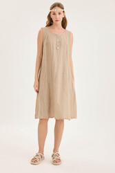 Sedef Düğmeli Sıfır Kol Keten Elbise - 3