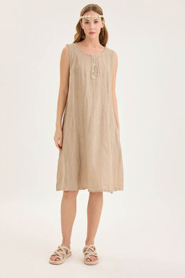 Sedef Düğmeli Sıfır Kol Keten Elbise - Thumbnail (2)