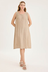 Sedef Düğmeli Sıfır Kol Keten Elbise - 1