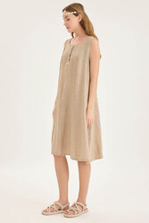 Sedef Düğmeli Sıfır Kol Keten Elbise - 5